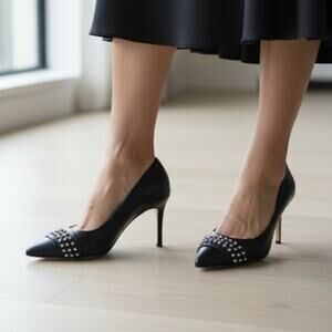 MARION PARKE CZ Studded Pumps Black Leather Pointed Toe Heel Women's 38.5/US 8.5
